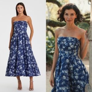 NWT Mac Duggal Blue Strapless Floral Brocade Fit & Flare Midi Dress - Size 6